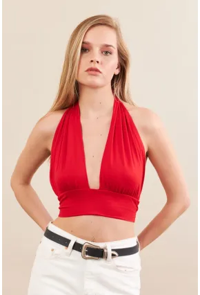 Kadın Kırmızı Sırt Ve Boyun Bağlamalı Bluz EY1472