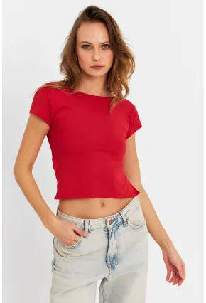Kadın Kırmızı Sırtı Açık Crop Bluz ZH007