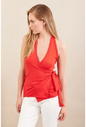 Kadın Kırmızı Sırtı Açık Kruvaze Bluz Ey3095