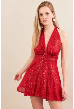 Kadın Kırmızı Sırtı Açık Payetli Astarlı Mini Elbise DCF046