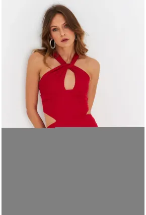 Kadın Kırmızı Sırtı Açık Pencereli Maxi Elbise DCF232