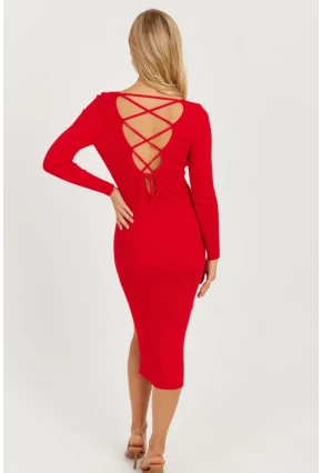 Kadın Kırmızı Sırtı Çapraz Triko Midi Elbise YZ407