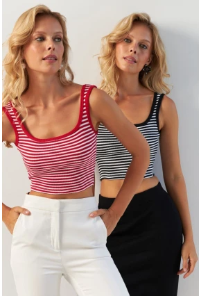 Kadın Kırmızı-Siyah İkili Kare Yaka Çizgili Bluz XL2040