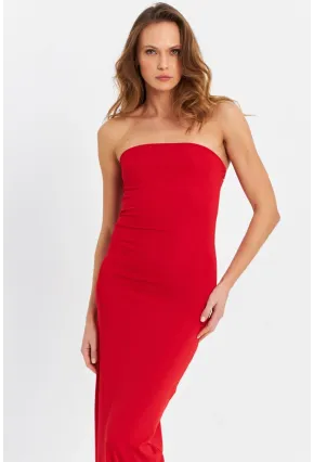 Kadın Kırmızı Straplez Yırtmaçlı Midi Elbise XC005