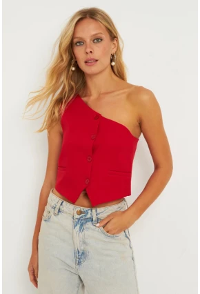 Kadın Kırmızı Tek Omuz Astarlı Yelek TW60140