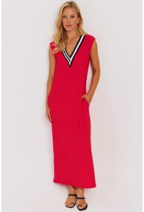 Kadın Kırmızı V Yaka Bloklu Maxi Elbise EY2779
