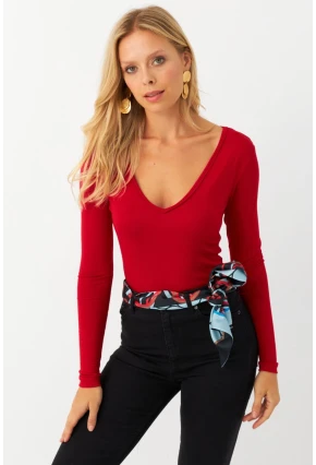 Kadın Kırmızı V Yaka Çıtçıtlı Body Fİ792