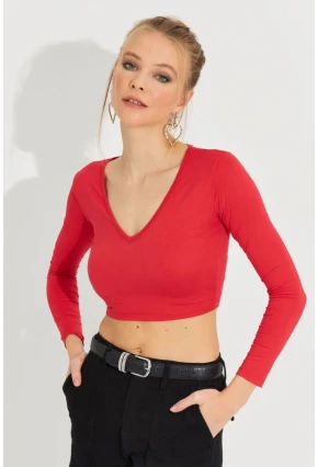 Kadın Kırmızı V Yaka Crop Bluz LPP1241