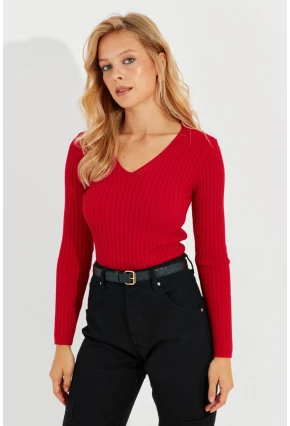 Kadın Kırmızı V Yaka Fitilli Triko Bluz SMT216