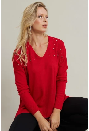Kadın Kırmızı V Yaka Taşlı İnce Triko Bluz YİL002