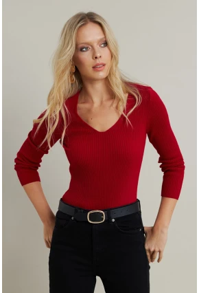 Kadın Kırmızı V Yaka Triko Bluz YV284