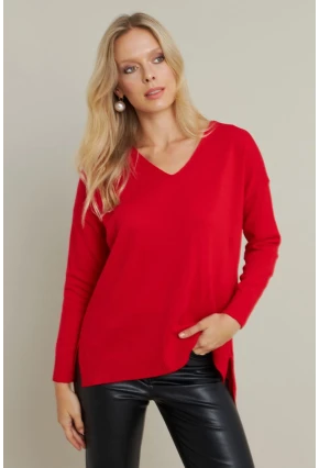 Kadın Kırmızı V Yaka Triko Kazak YİL549