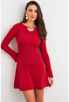 Kadın Kırmızı Yakası Aksesuarlı Mini Elbise FRY2267