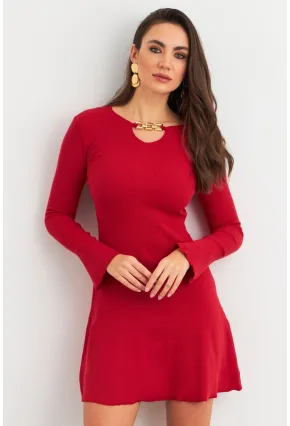 Kadın Kırmızı Yakası Aksesuarlı Mini Elbise FRY2267