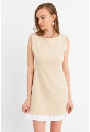 Kadın Krem Kontrast Pileli Mini Elbise FRY100