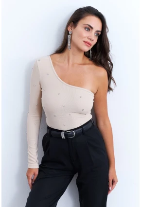Kadın Krem Taşlı Tek Kol Crop Bluz HOL2