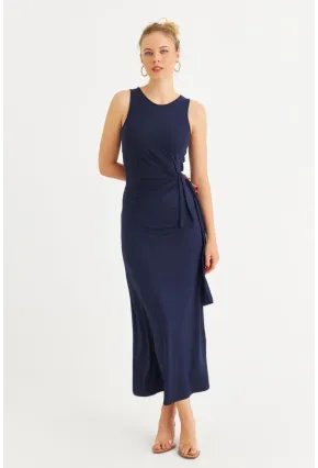 Kadın Lacivert Büzgülü Kolsuz Midi Elbise TF75