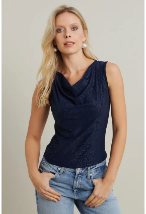 Kadın Lacivert Degaje Yaka Kolsuz Bluz LPP1297