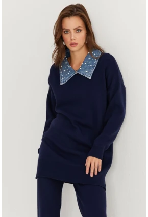 Kadın Lacivert Denim Yakalı İncili Alt Üst Triko Takım MNUV22