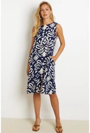 Kadın Lacivert Desenli Cepli Midi Elbise YZ1059