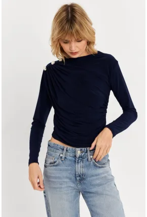 Kadın Lacivert Düğme Detaylı Büzgülü Bluz LPP1223-1
