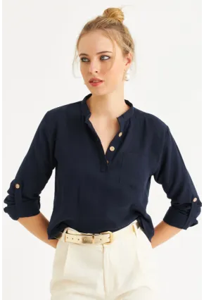 Kadın Lacivert Düğmeli Keten Gömlek Bluz BTH17