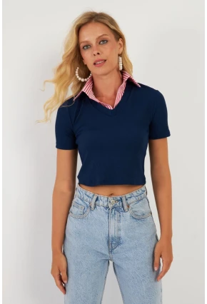 Kadın Lacivert Gömlek Yaka Bluz MK19