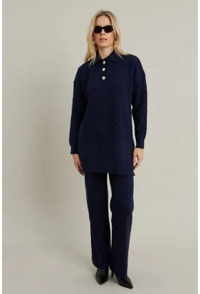 Kadın Lacivert İnci Düğmeli Triko Alt Üst Takım MNUV33
