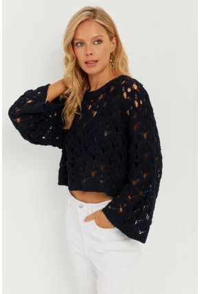 Kadın Lacivert İspanyol Kol Ajurlu Triko Bluz MİW0761