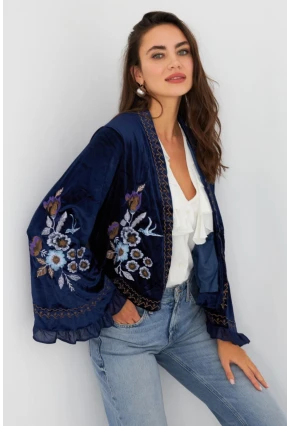 Kadın Lacivert İspanyol Kol Nakışlı Kadife Ceket QS5577