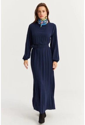 Kadın Lacivert Kemerli Plili Maxi Elbise ALZ500