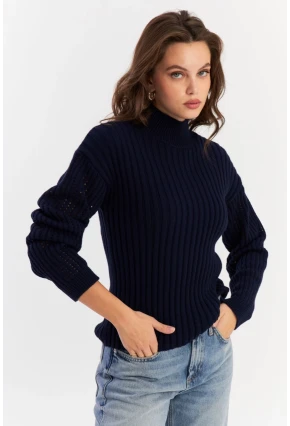 Kadın Lacivert Kolları File Triko Bluz YV288