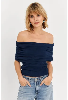 Kadın Lacivert Kolsuz Madonna Yaka Bluz TF51