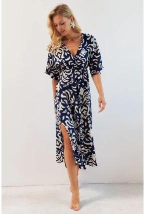 Kadın Lacivert Kruvaze Desenli Midi Elbise YZ1152