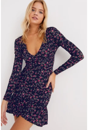 Kadın Lacivert Kruvaze Volanlı Mevsimlik Skater Elbise EY1027