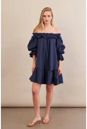 Kadın Lacivert Madonna Yaka Midi Elbise PSG1012