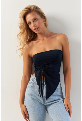 Kadın Lacivert Önü Büzgülü Crop Bluz MON138