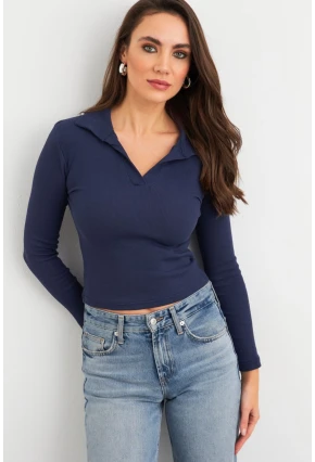 Kadın Lacivert Polo Yaka Kaşkorse Bluz LON3006