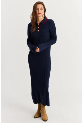 Kadın Lacivert Polo Yaka Triko Maxi Elbise MNUV17