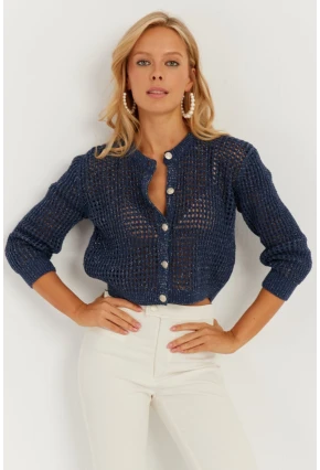 Kadın Lacivert Simli Ajurlu Hırka MİW3661