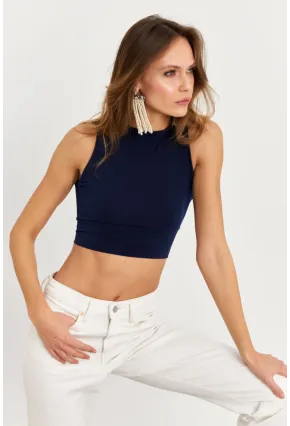 Kadın Lacivert Sırt Bağlamalı Crop Bluz EY2733
