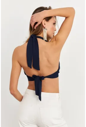 Kadın Lacivert Sırt Ve Boyun Bağlamalı Bluz EY1472