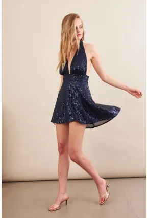 Kadın Lacivert Sırtı Açık Payetli Astarlı Mini Elbise DCF046