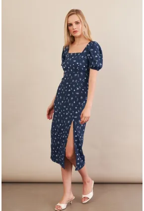 Kadın Lacivert Sırtı Detaylı Çiçekli Midi Elbise CHN103