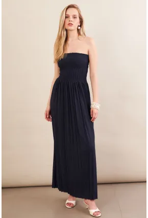 Kadın Lacivert Straplez Yaka Midi Elbise MSİ100