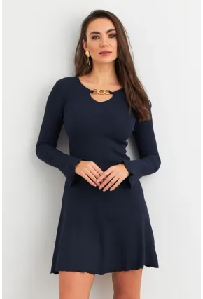 Kadın Lacivert Yakası Aksesuarlı Mini Elbise FRY2267