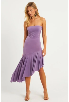Kadın Lila Straplez Asimetrik Midi Elbise DMR337
