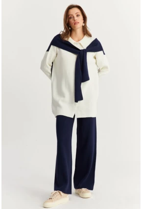 Kadın Mavi Atkılı Triko Hırka Alt Üst Takım NUV20