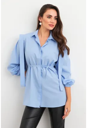 Kadın Mavi Bağlama Detaylı Basic Gömlek MASF185