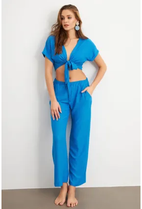 Kadın Mavi Bağlamalı Bürümcük Takım Q1012